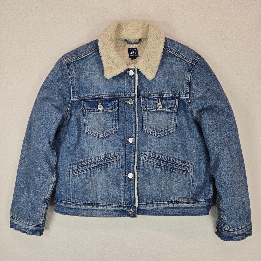 Gap Denim Sherpa Trucker Jacket Women's L Medium Wash Faux Shearling Lined - Picture 2 of 13